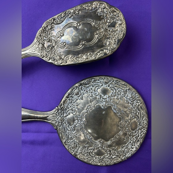 Vanity Set Vintage Silver Plated Hand Mirror & Hair Brush Victorian Heavy - Picture 3 of 8